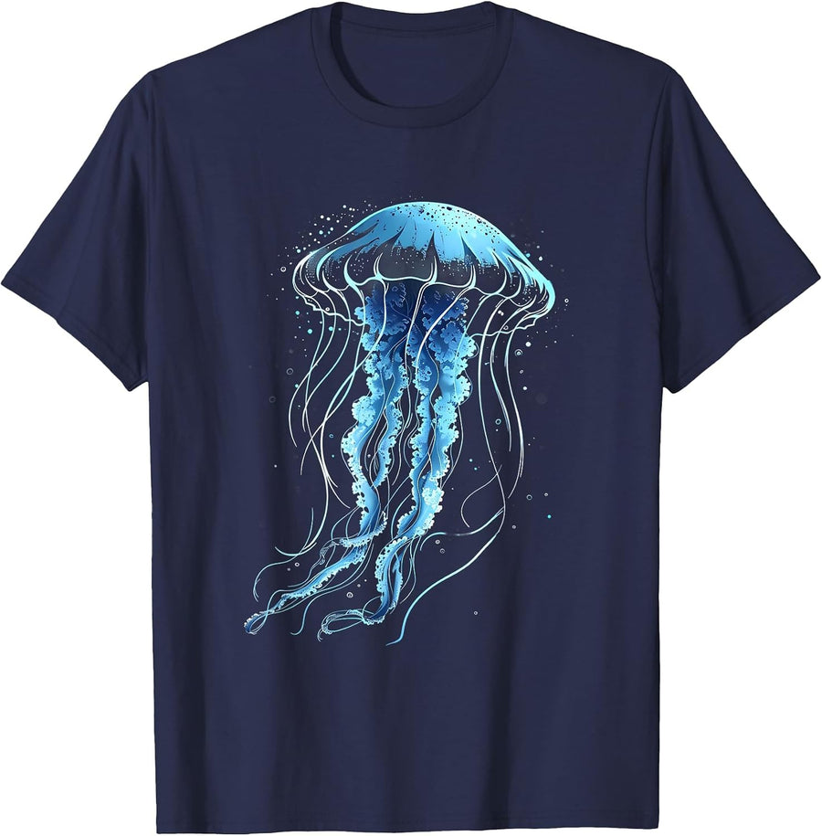Jellyfish Motif Marine Mammal Sea Ocean Animal Artwork T-Shirt - Navy Blue