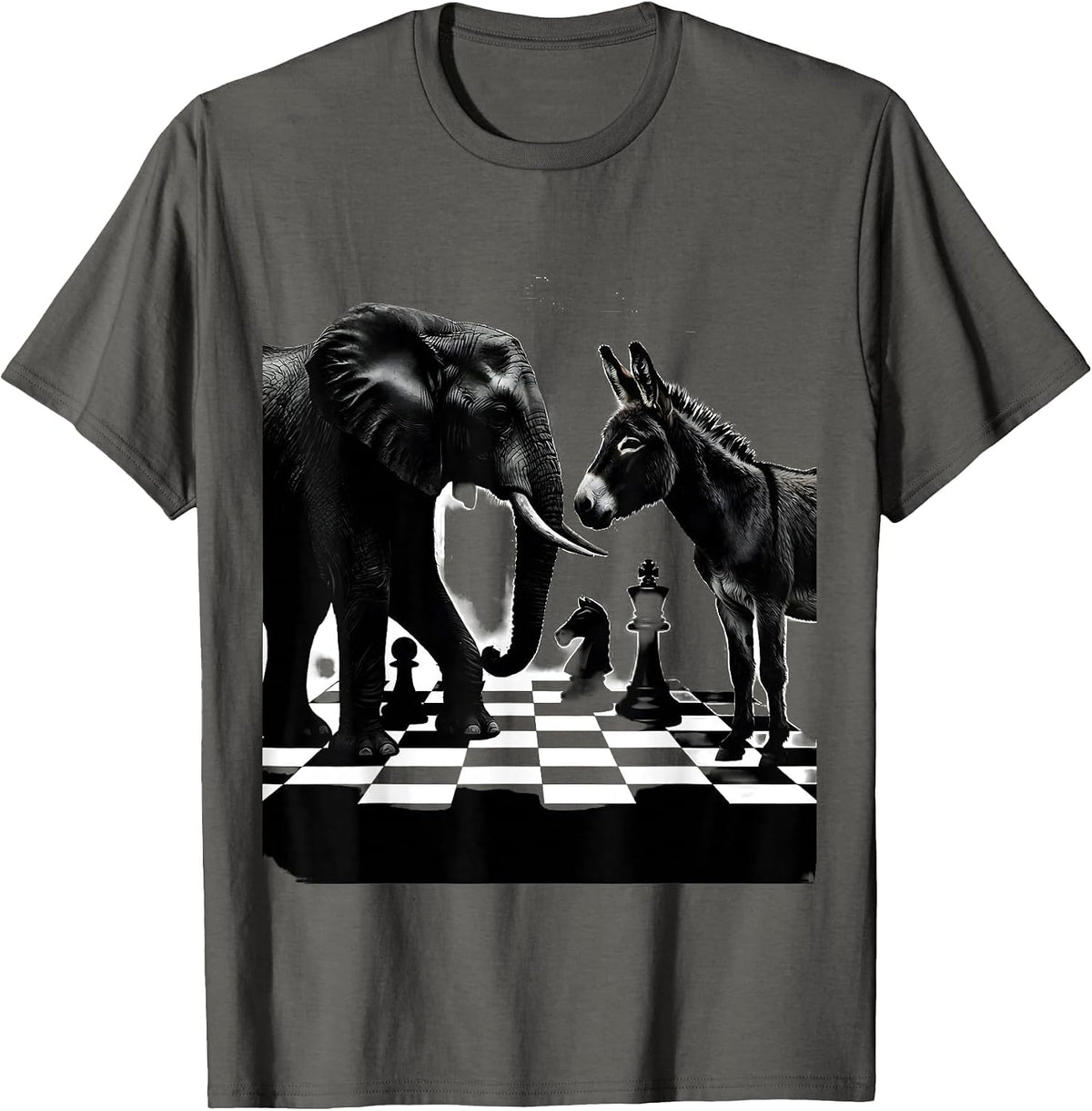 Political Chess Match Elephant vs Donkey Design T-Shirt - Asphalt Grey
