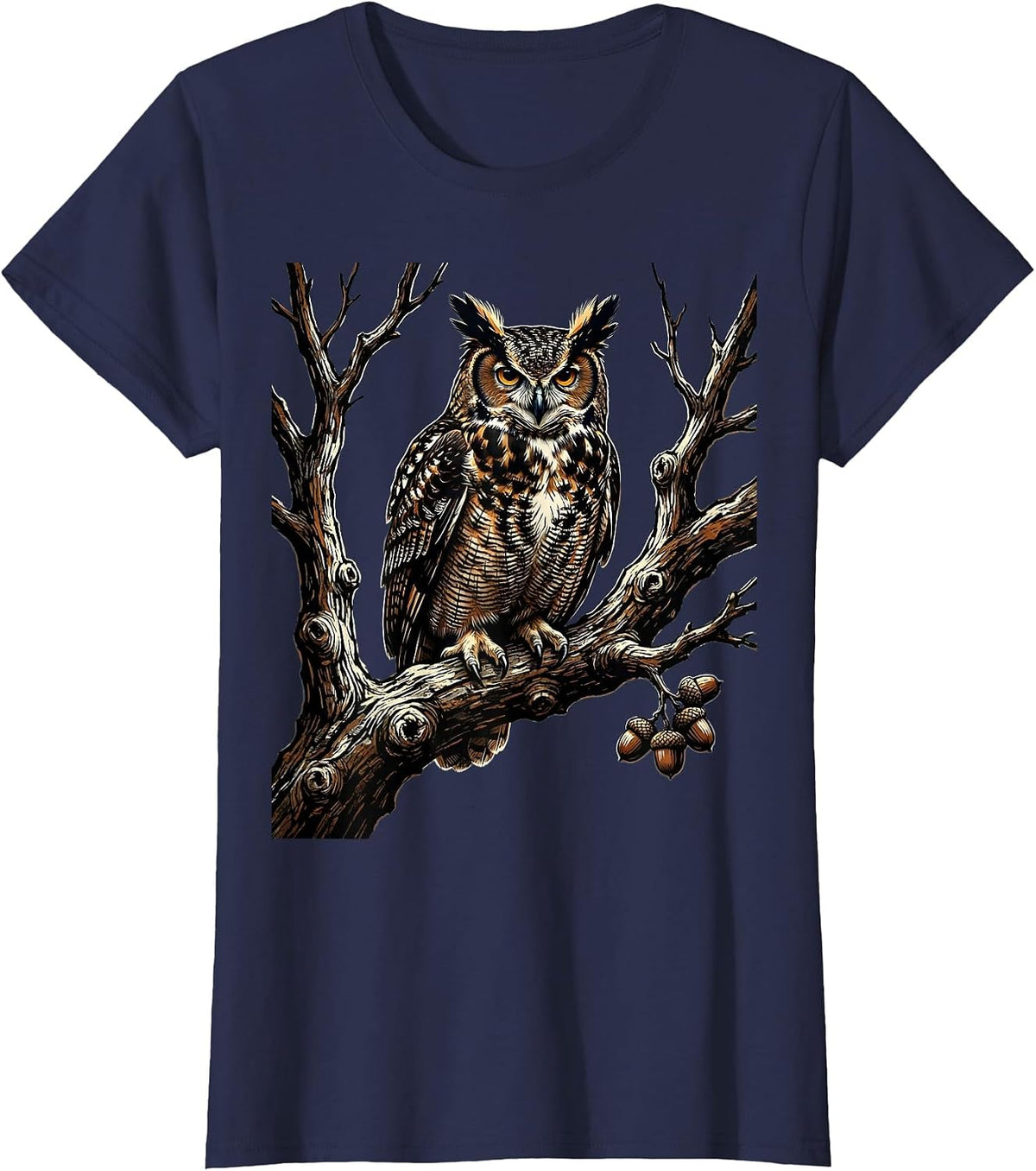 Women's Owl on Bare Oak Branch Fall Nature Illustration T-Shirt - Navy Blue