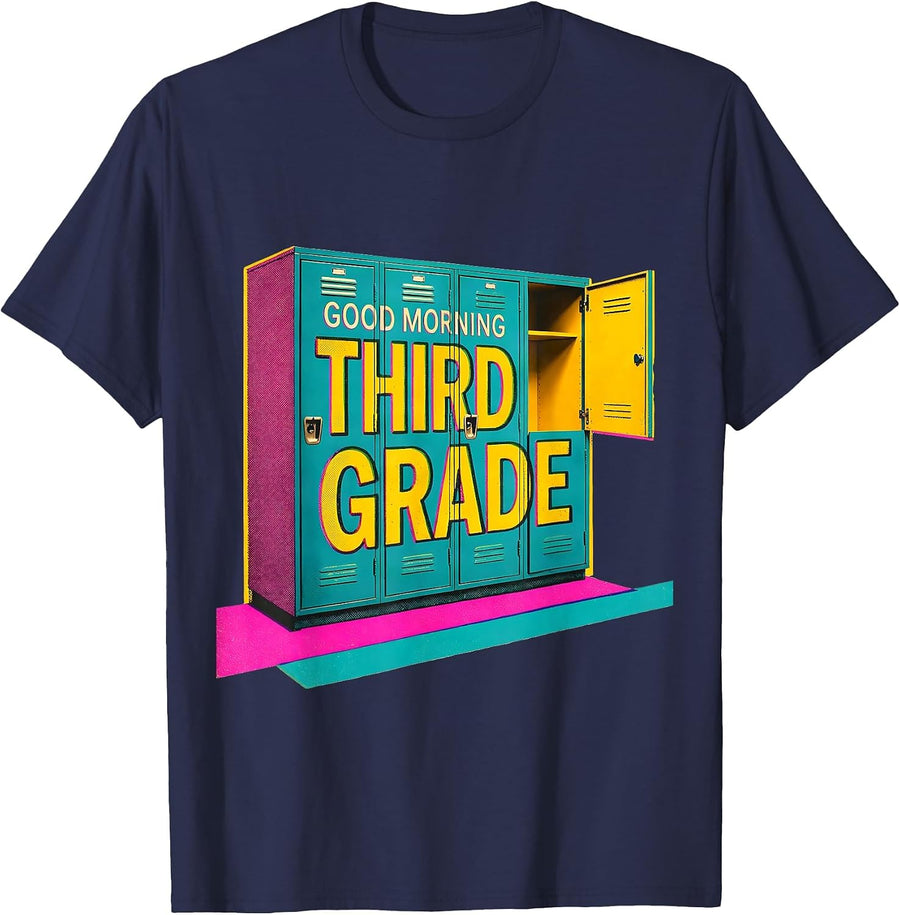 Good Morning Third Grade Risograph Back To School Teacher T-Shirt - Navy Blue
