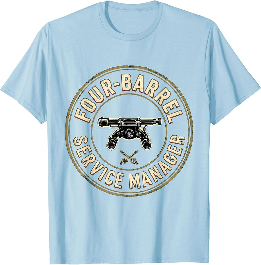 Men's Four-Barrel Service Manager Vintage Car Guy Mechanic Humor T-Shirt - Baby Blue
