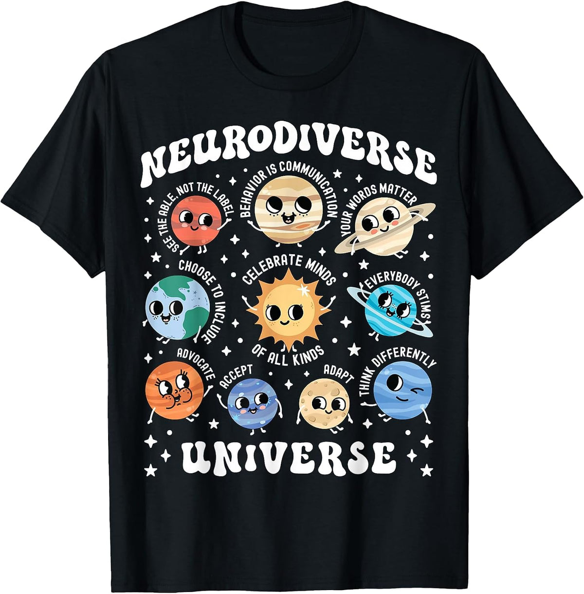 Neurodiverse Universe Space Planet Special Ed Teacher SPED T-Shirt - Black