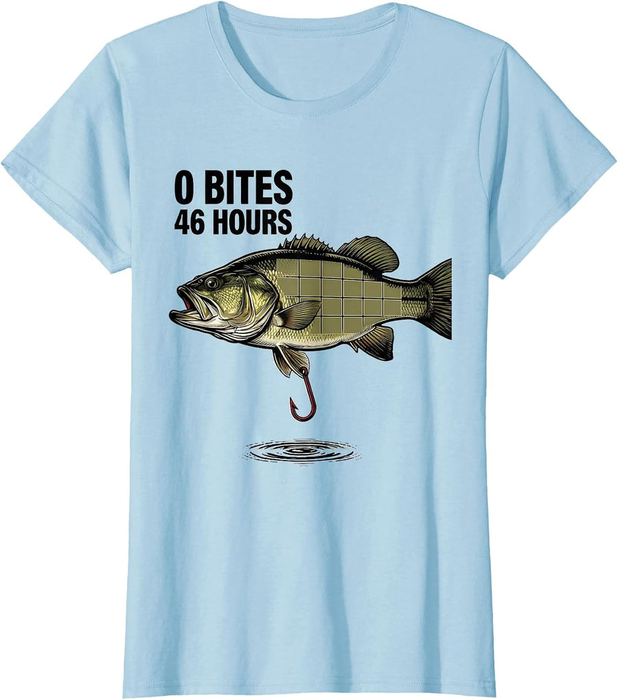 Women's 0 Bites 46 Hours Funny Bass Fishing Humor Fisherman Gift T-Shirt - Baby Blue