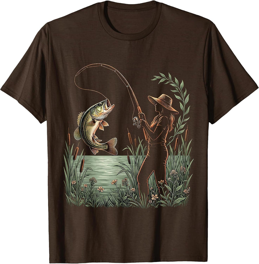 Men's Woman Reeling In Giant Leaping Bass Fishing T-Shirt - Brown
