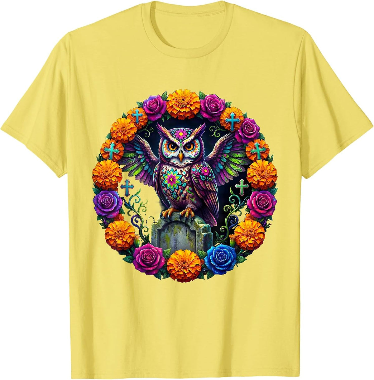 Men's Day of the Dead Owl on Gravestone Design T-Shirt - Lemon Yellow