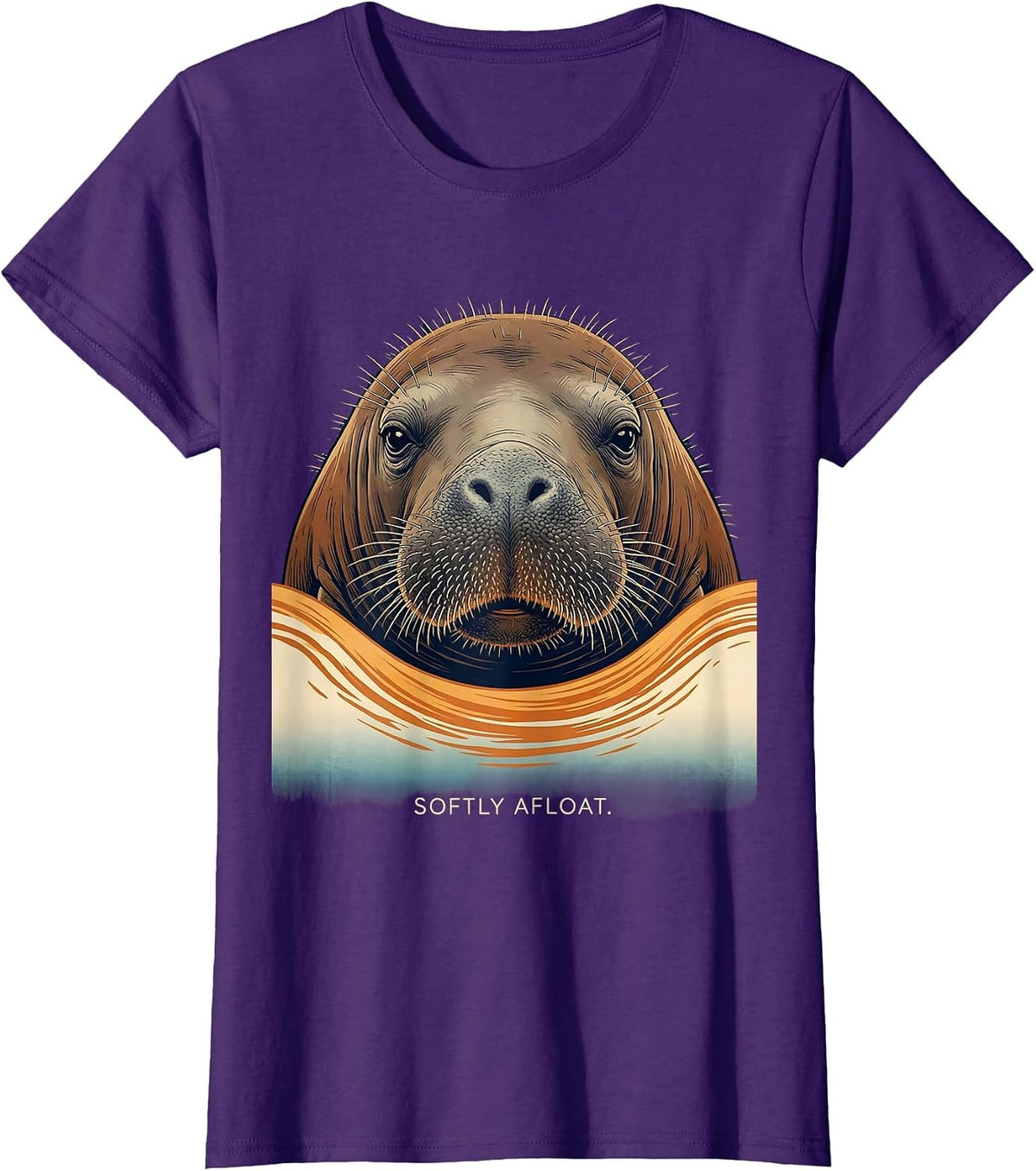 Women's Softly Afloat Ukiyo-e Manatee Lover Floaty Potato Humor T-Shirt - Purple