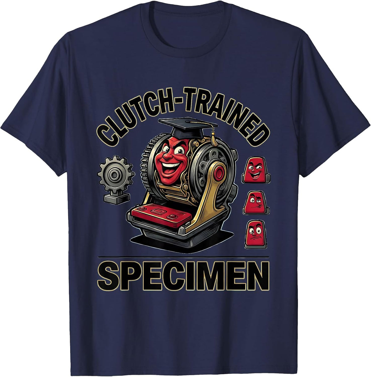 Men's Clutch-Trained Specimen Cartoon Manual Transmission Car Guy T-Shirt - Navy Blue