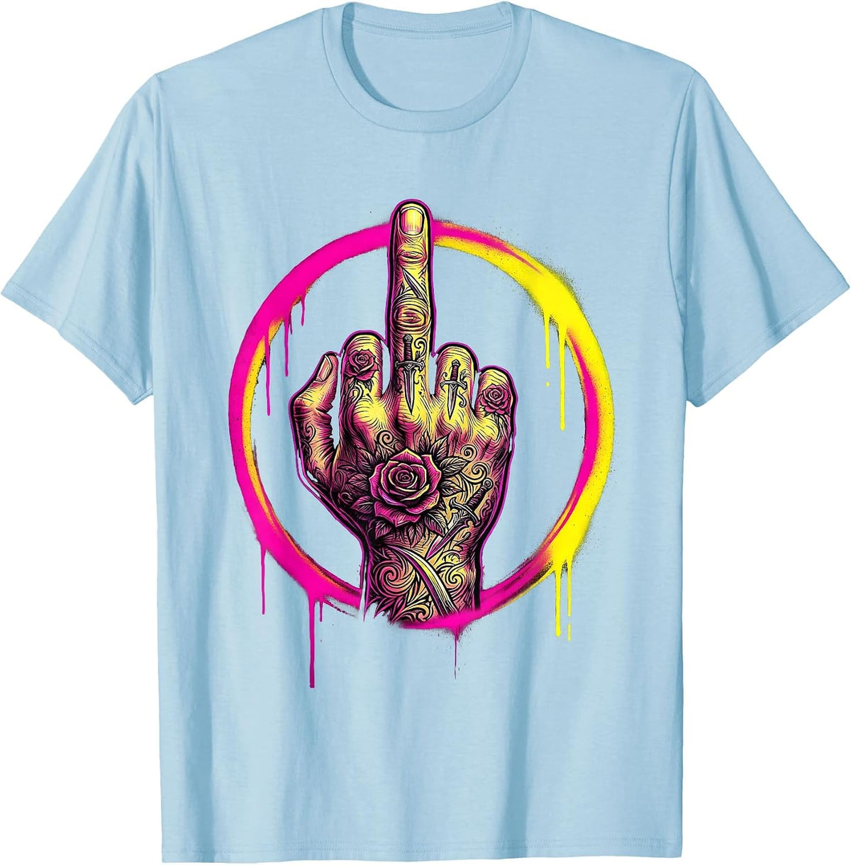 Men's Ornate Tattoo Middle Finger Graphic Design T-Shirt - Baby Blue