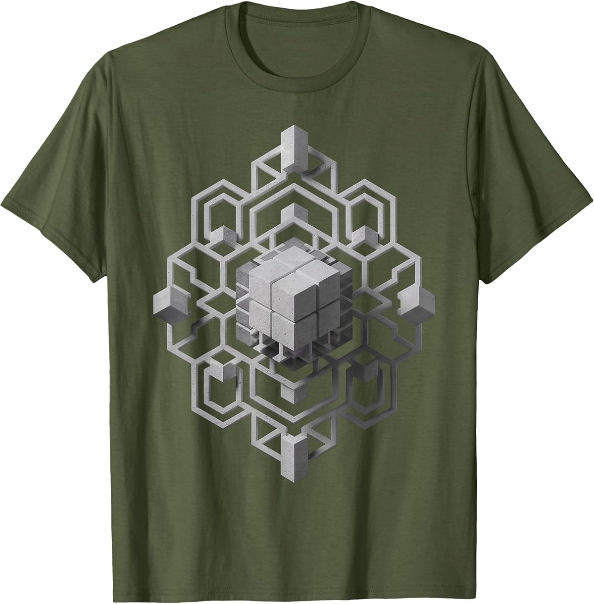 3D Geometric Pattern Cube Isometric Art Optical Illusion T-Shirt - Olive Green