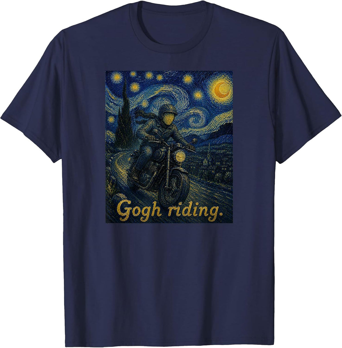 Gogh Riding Motorcycle Funny Van Gogh Motorbike Rider Biker T-Shirt - Navy Blue