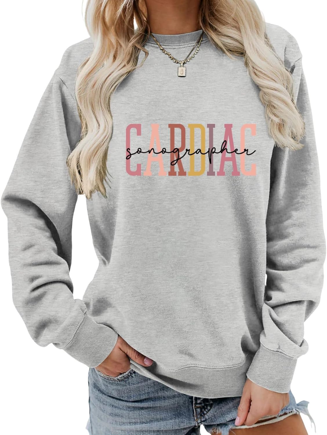 Cardiac Sonographer Sweatshirt Echocardiographer Nurse Sweater Women Casual Long Sleeve Crew Neck Pullover Tops - Grey