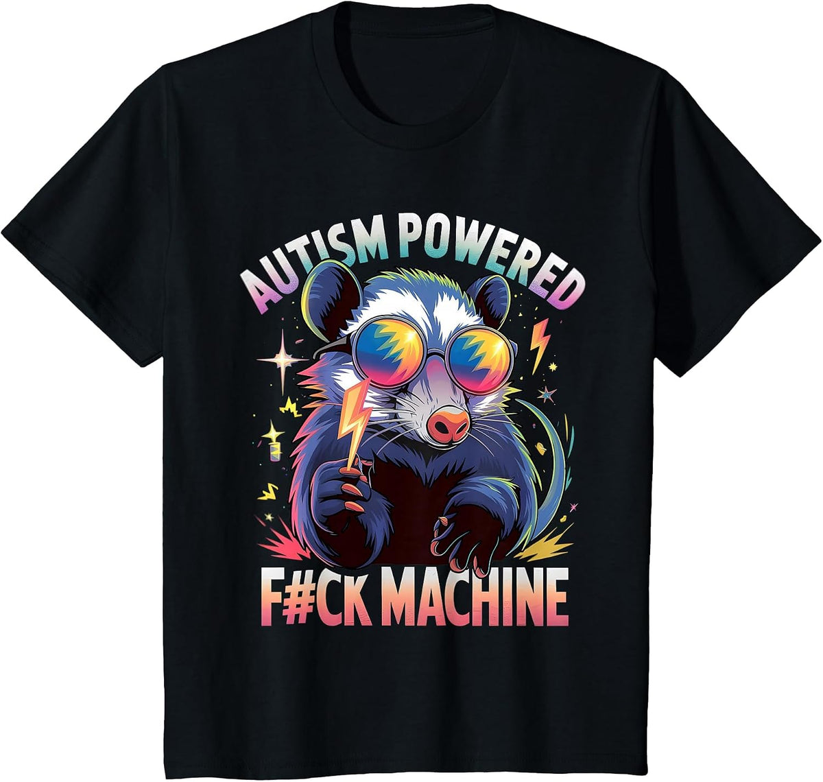 Autism Powered F#ck Machine Funny Meme Opossum Autistic T-Shirt - Black