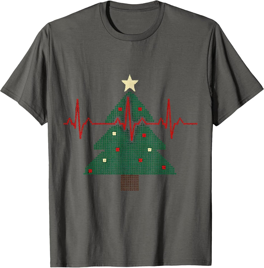 EKG Christmas Tree Cardiac Nurse Ugly Sweater Holiday T-Shirt - Asphalt Grey