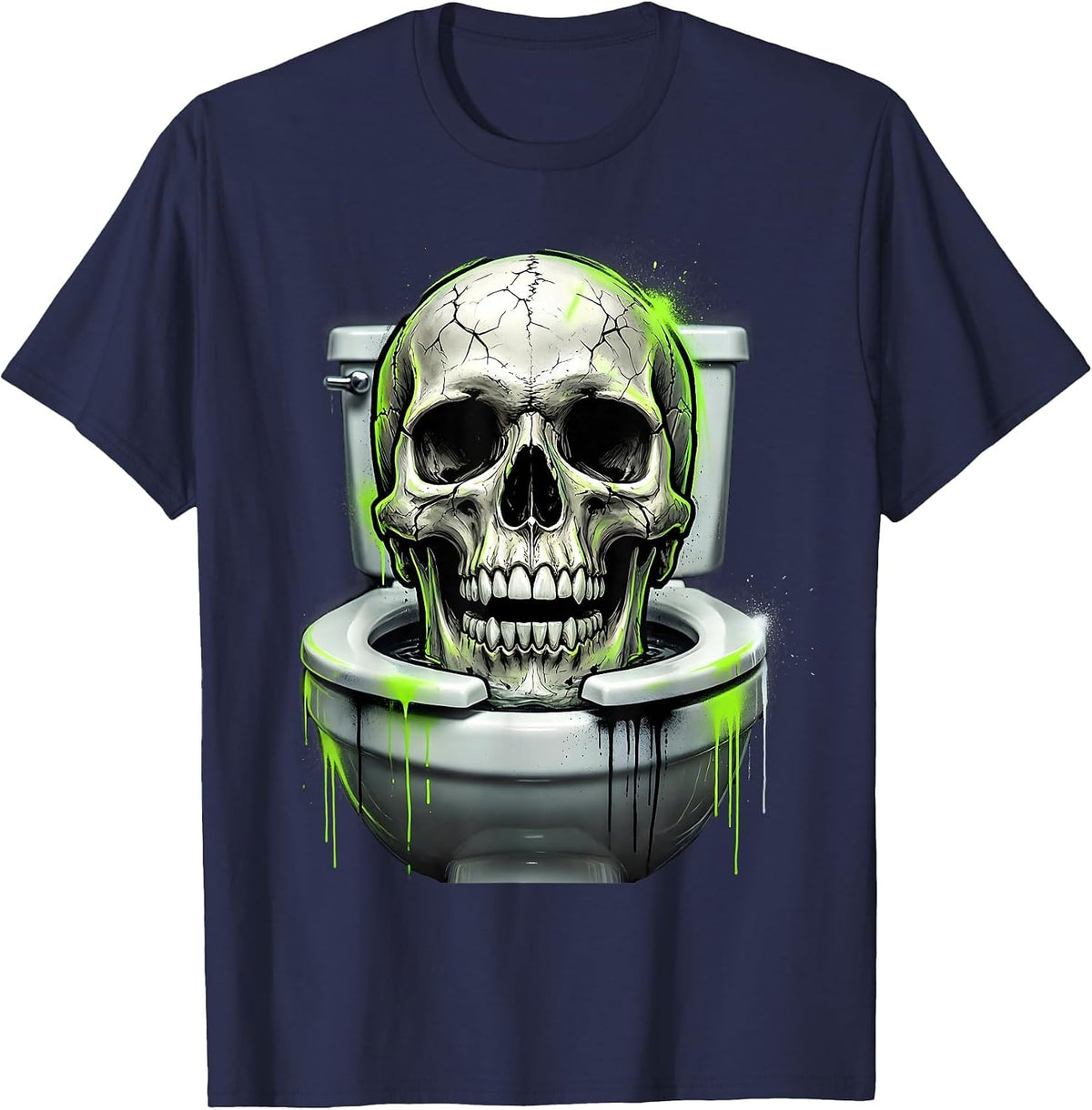 Grinning Skull in Toilet Bowl Funny Dark Art T-Shirt - Navy Blue
