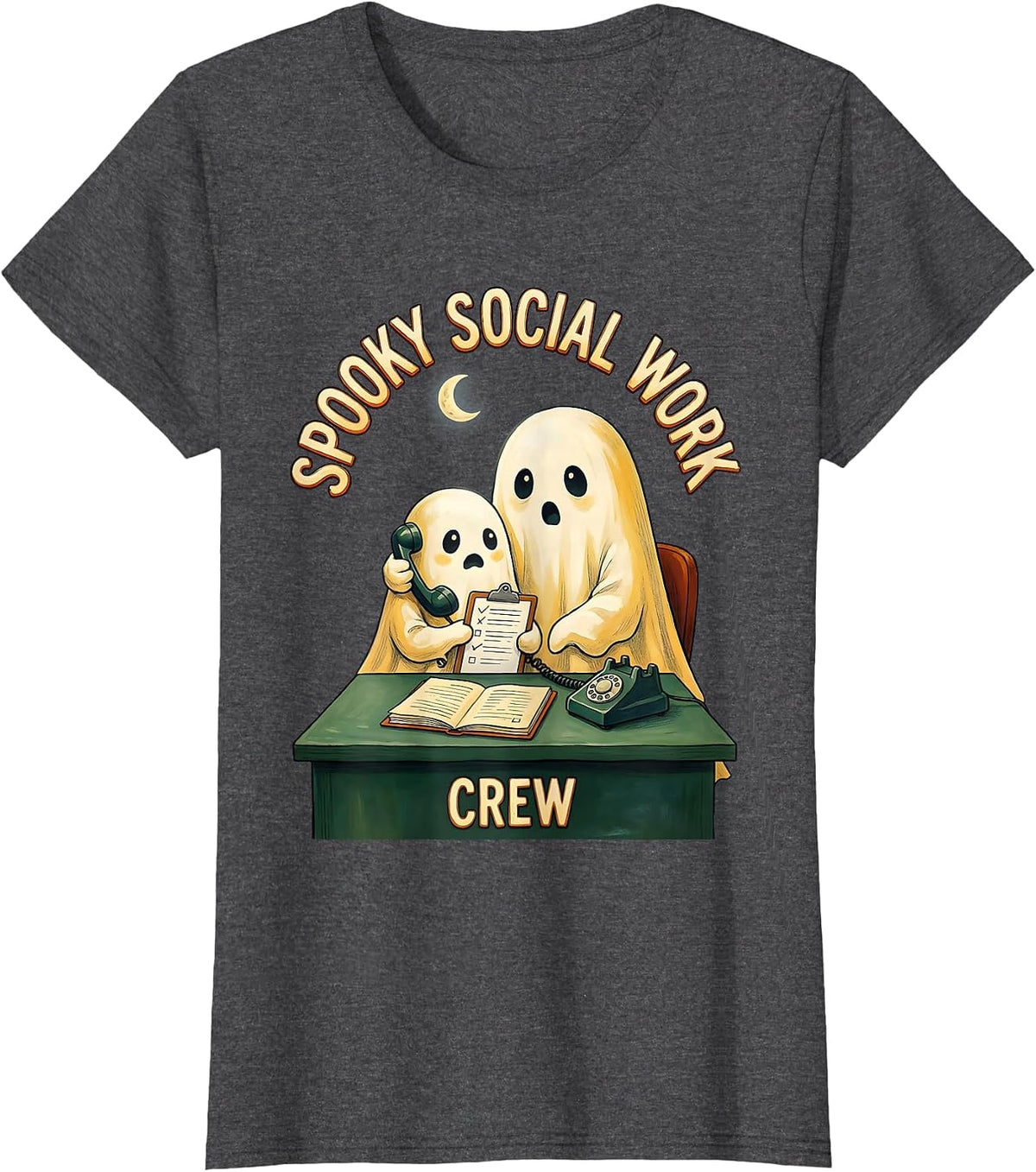 Women's Spooky Social Work Crew Cute Ghost Halloween Occupation T-Shirt - Dark Heather Grey