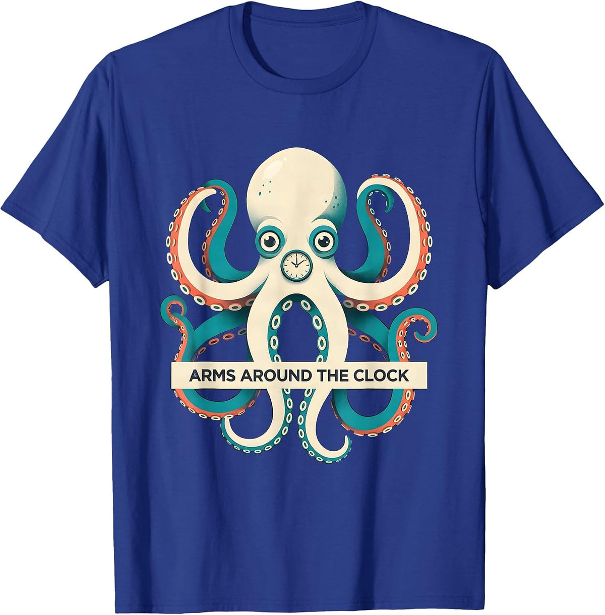 Men's Arms Around The Clock Midcentury Modern Octopus Lover Ocean T-Shirt - Royal Blue