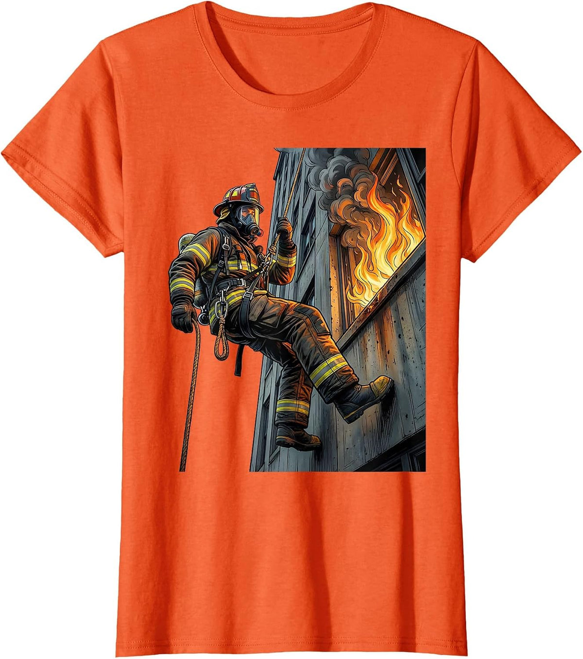 Firefighter Rappelling Down Building Graphic T-Shirt - Orange