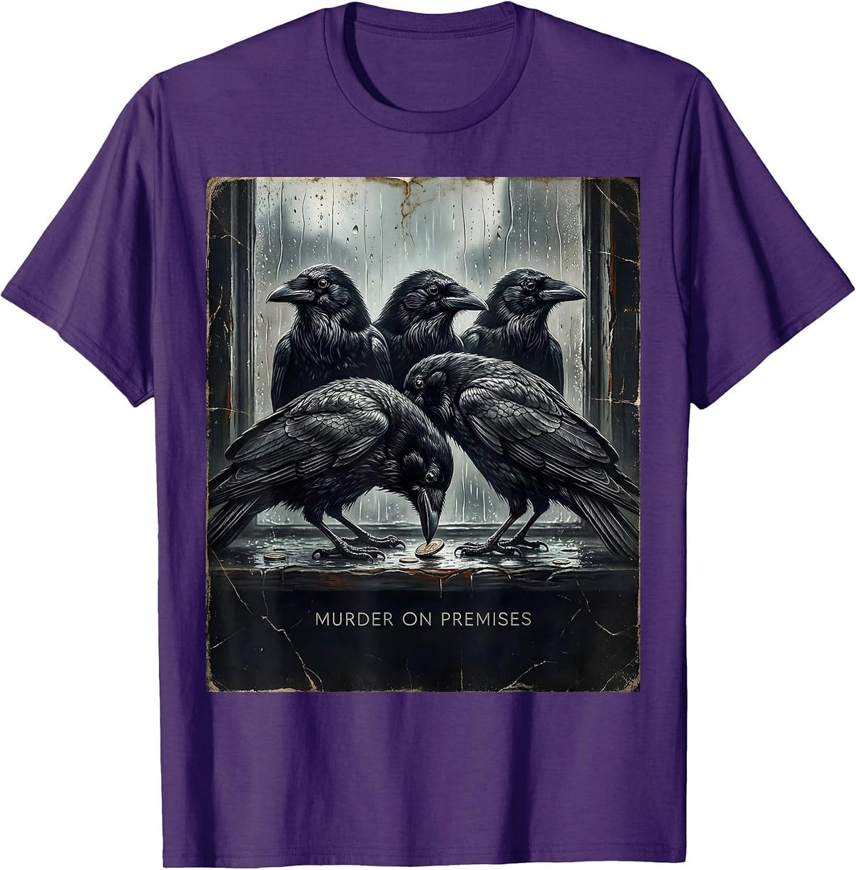 Murder On Premises Distressed Crow Pun Bird Lover Dark Humor T-Shirt - Purple