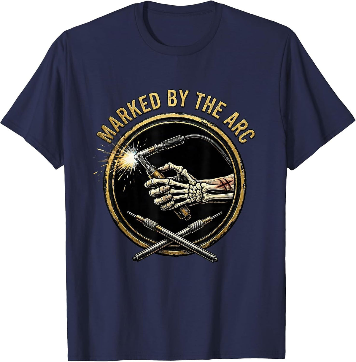 Men's Marked By The Arc Skeleton Welder Tradesman Humor T-Shirt - Navy Blue