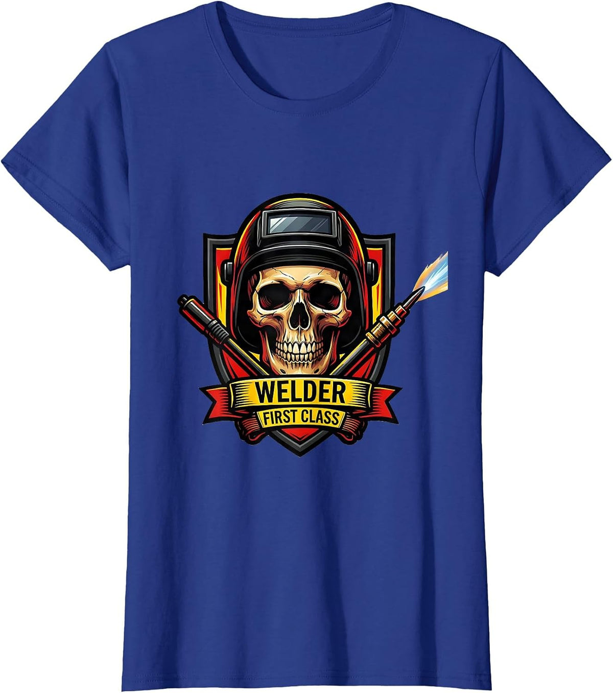 Women's Welder, First Class Tattoo Skeleton Humor Tradesman Gift T-Shirt - Royal Blue