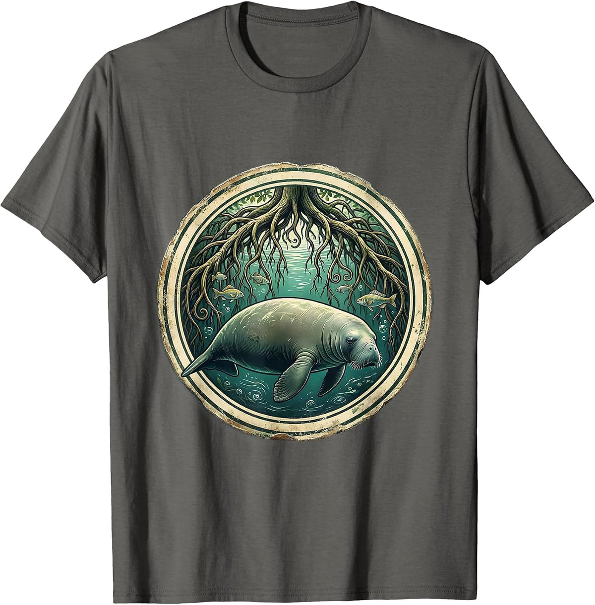 Men's Puerto Rico Manatee Mangrove Roots Illustration T-Shirt - Asphalt Grey