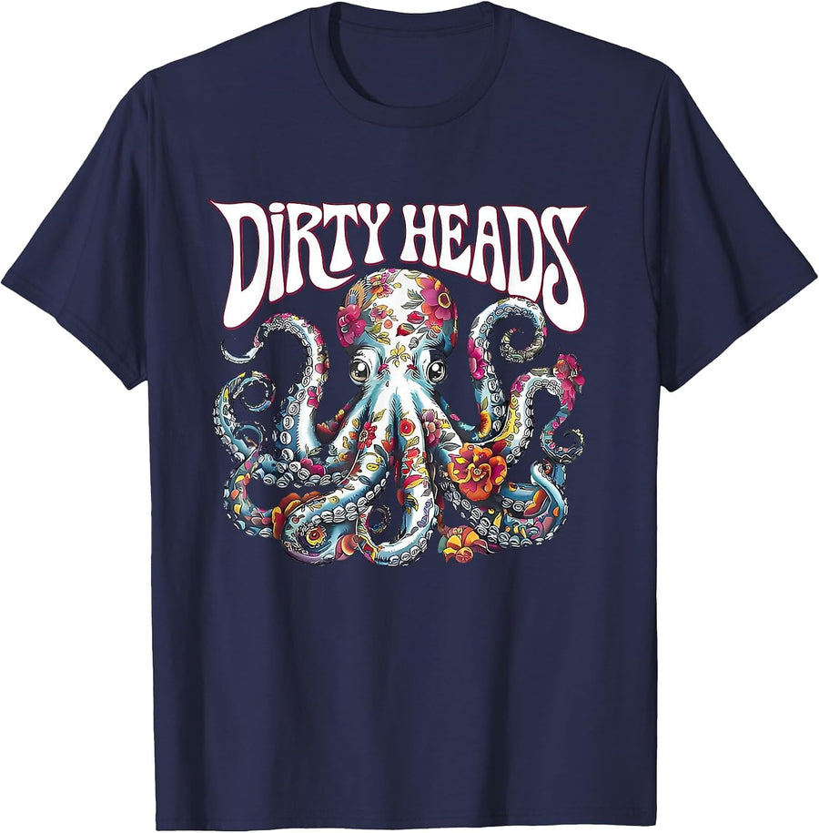 Octopus Lover Floral Octopus Ocean Sea Animal Dirty Heads T-Shirt - Navy Blue