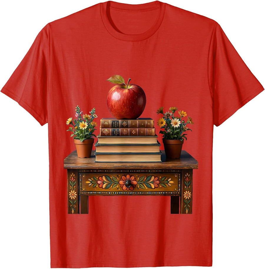 Men's Preschool Teacher Desk Apple and Books Illustration T-Shirt - Red