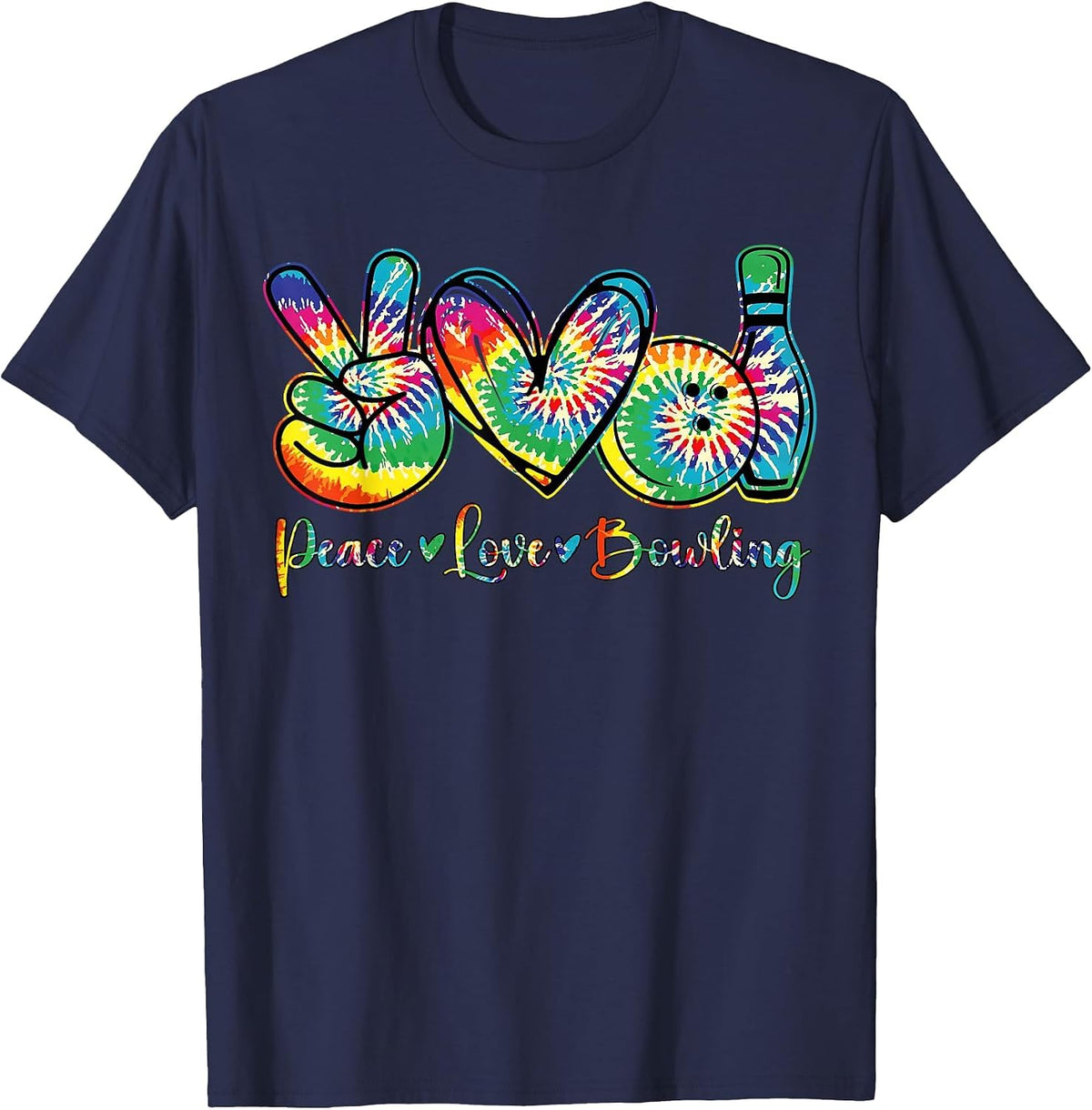Retro Tie Dye Peace Love Bowling Lover Funny Sport Bowler T-Shirt - Navy Blue