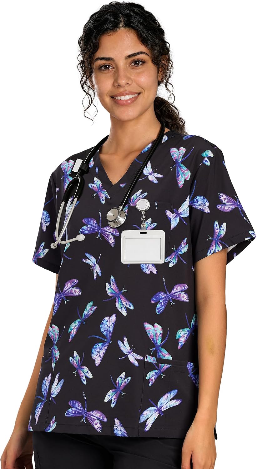 Women's Medical Uniform - V Neck Scrub Tops - Dragonfly