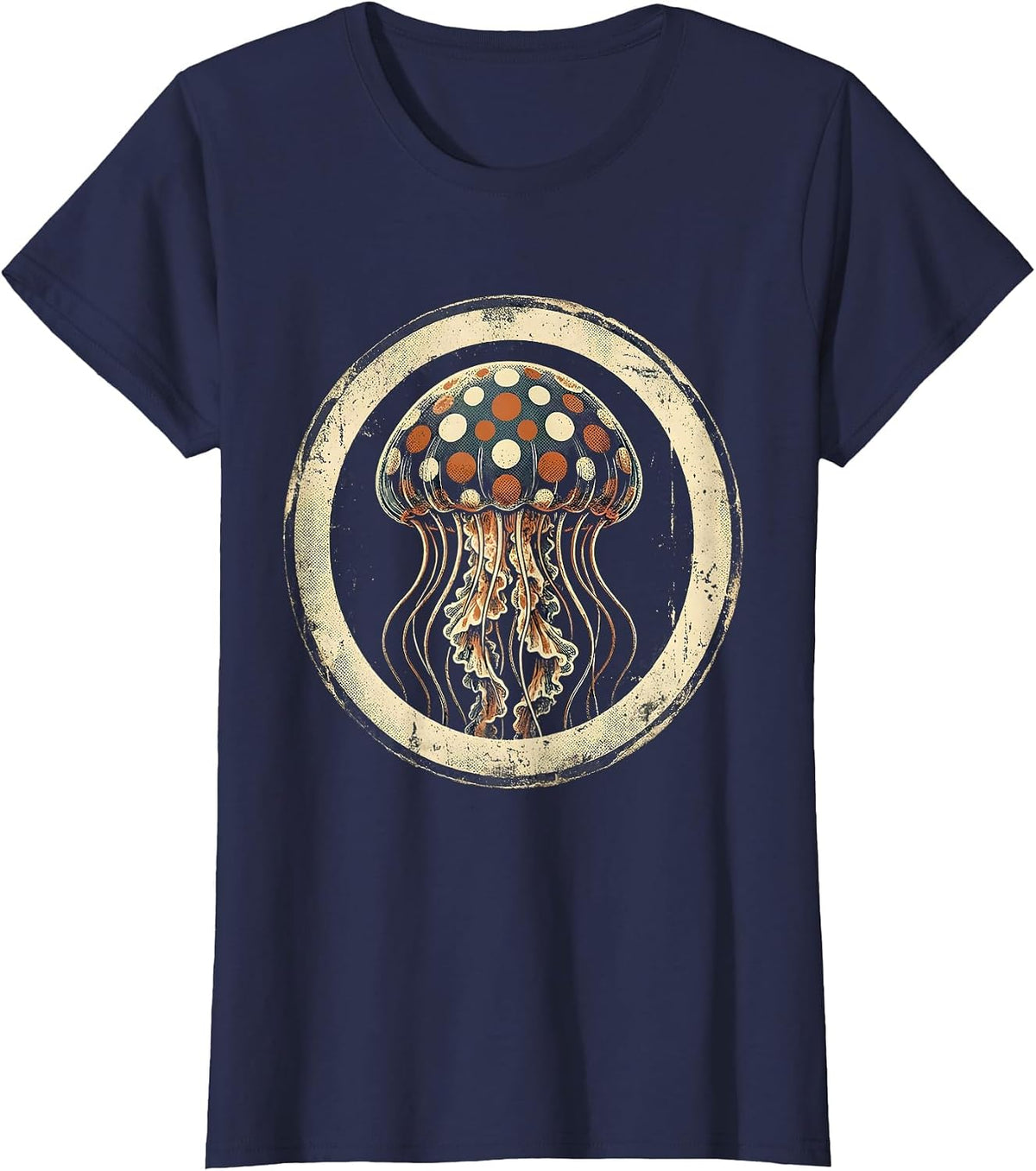 Women's Glowing Polka Dot Jellyfish Illustration T-Shirt - Navy Blue
