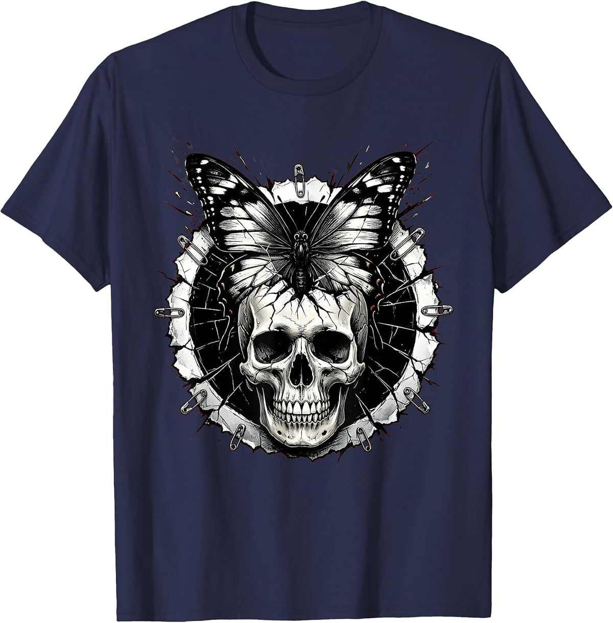 Black Butterfly Cracked Skull Emo Dark Art T-Shirt - Navy Blue