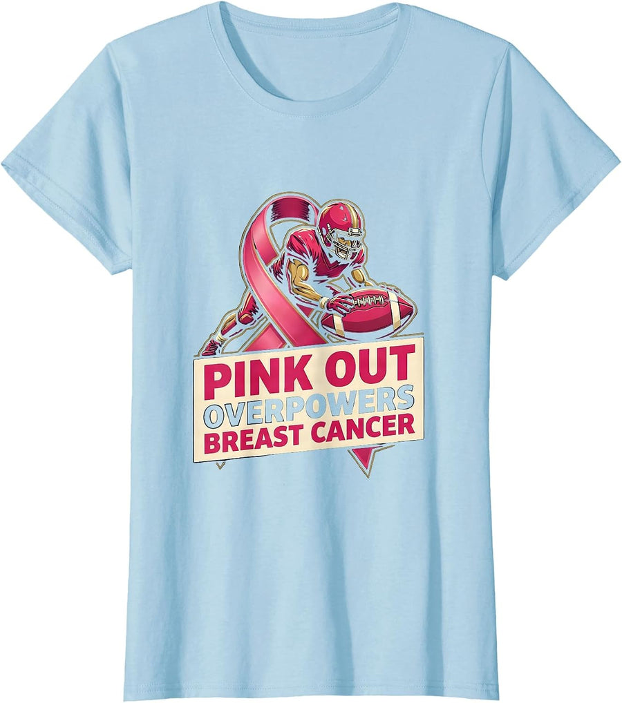 Women's Pink Out Overpowers Breast Cancer Football Pink Ribbon Kids T-Shirt - Baby Blue