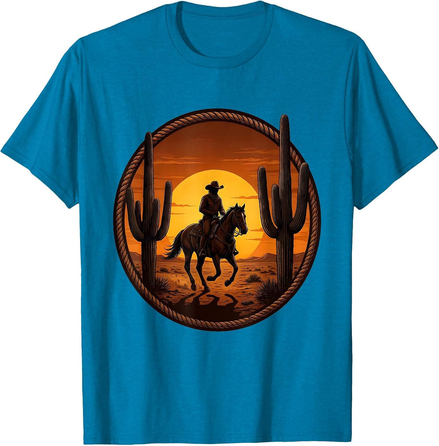 Cowboy Riding Horse Cactus Sunset Silhouette T-Shirt - Sapphire Blue