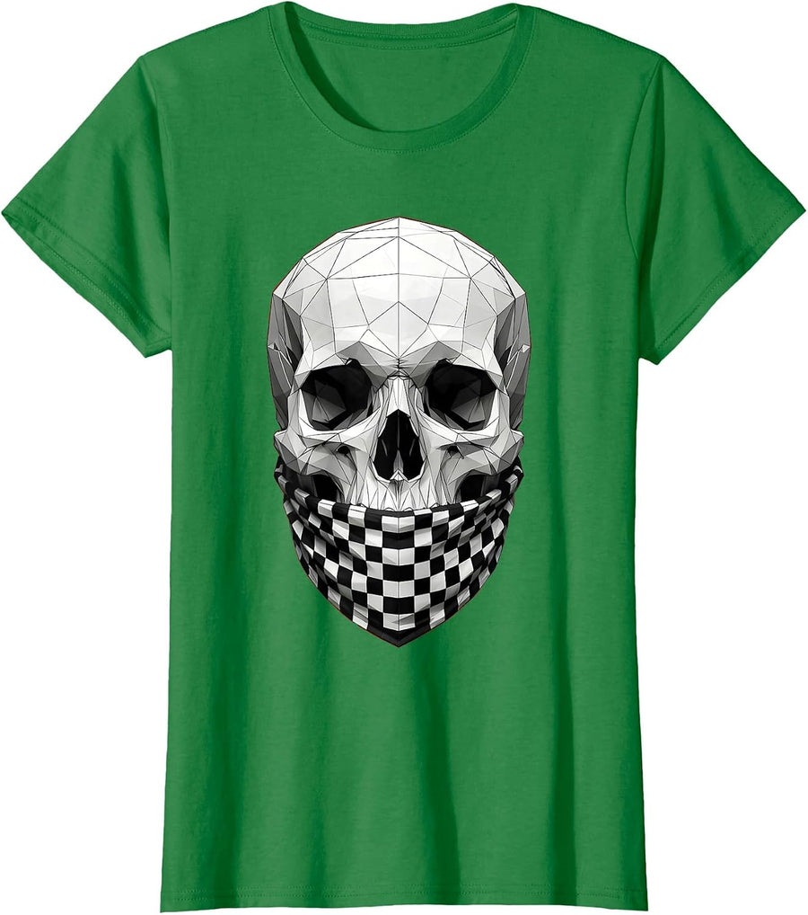 Women's Skull Checkered Bandana Graphic Design T-Shirt - Kelly Green