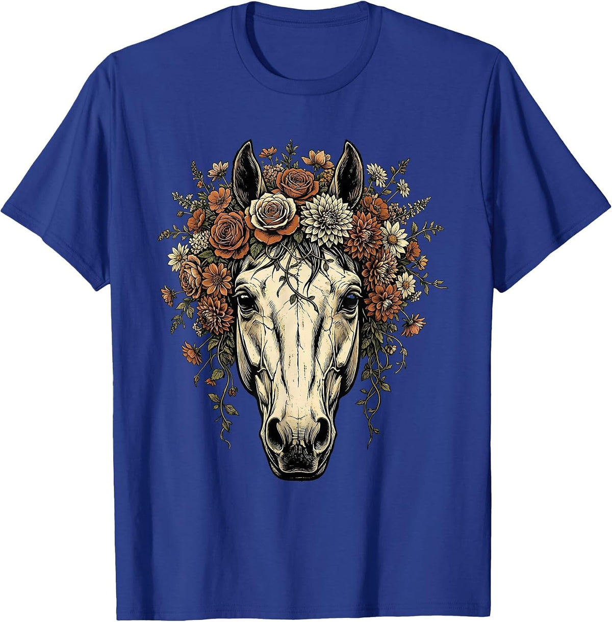 Horse Skull Floral Crown Gothic Nature Art T-Shirt - Royal Blue