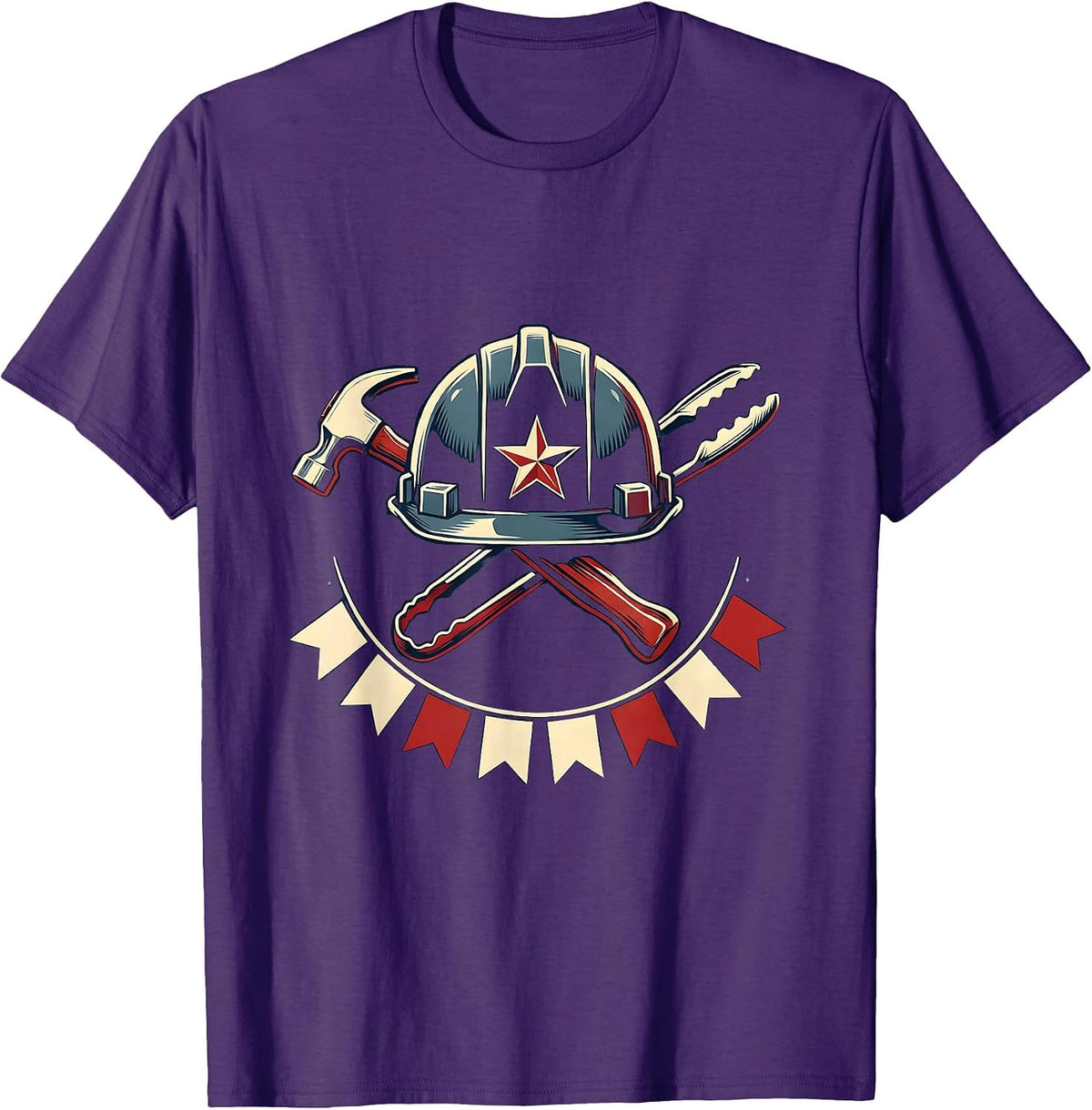 Labor Day Patriotic Emblem BBQ Worker Helmet Star T-Shirt - Purple