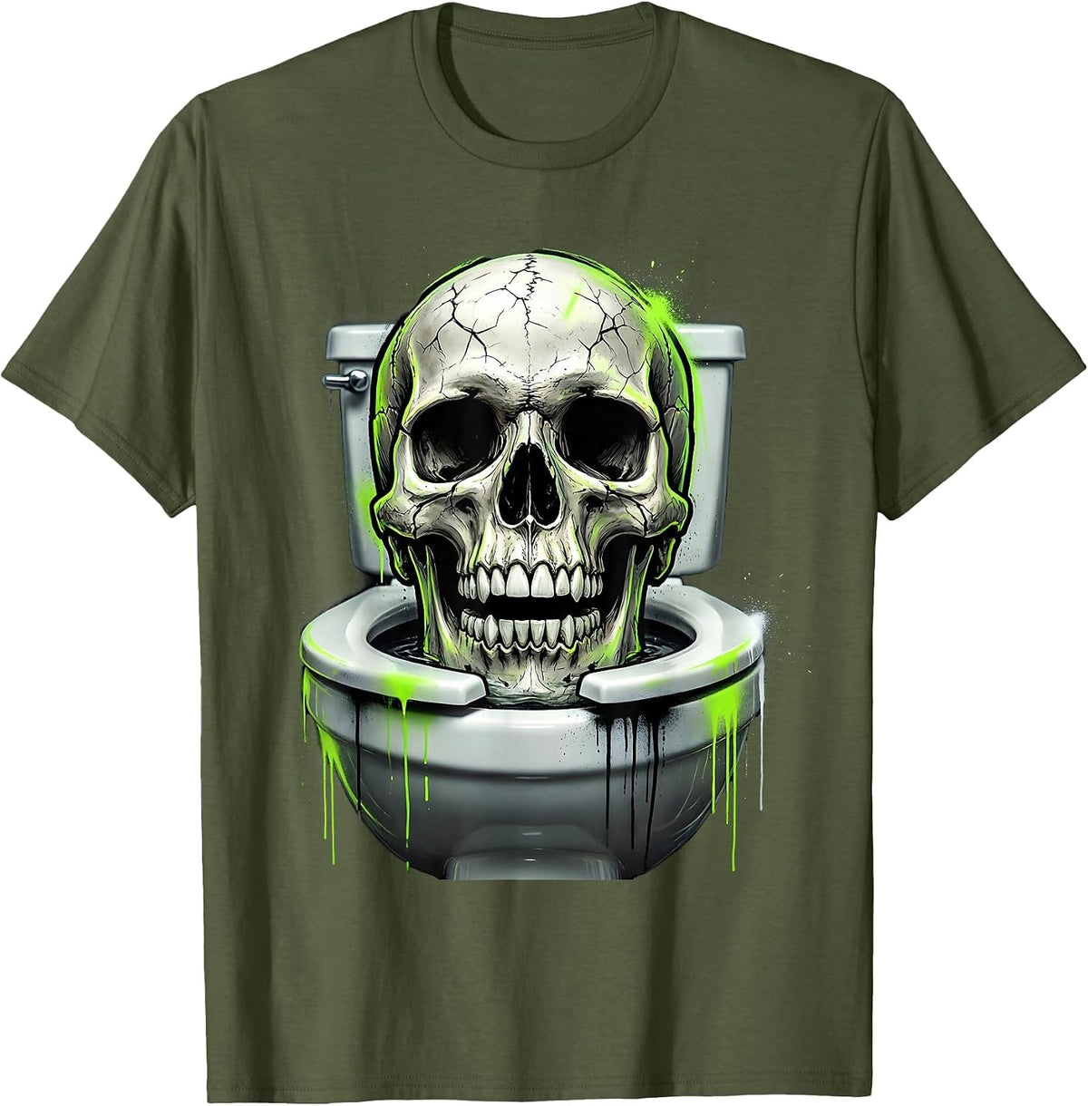 Grinning Skull in Toilet Bowl Funny Dark Art T-Shirt - Olive Green