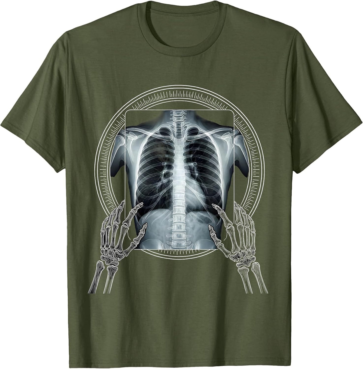 Men's Glowing Chest X-Ray Skeleton Hands Radiology T-Shirt - Olive Green