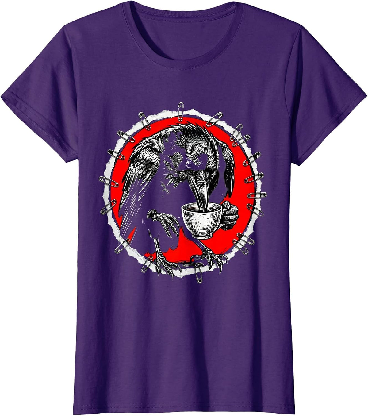Women's Crow Drinking From a Tiny Teacup Illustration T-Shirt - Purple