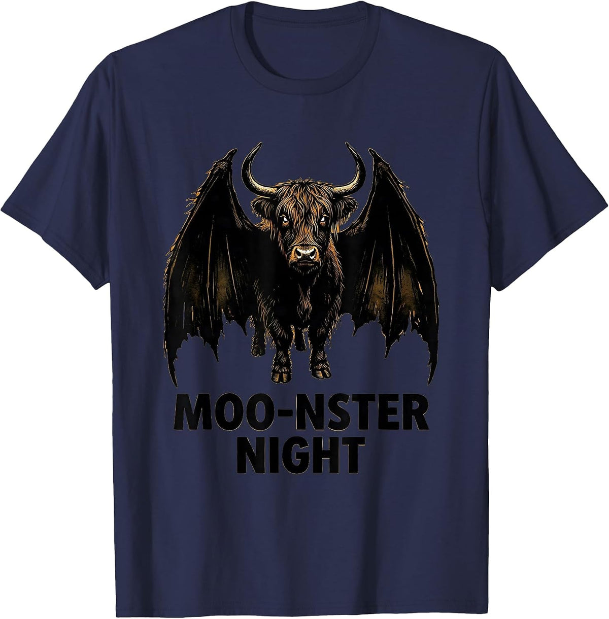Men's Moo-nster Night Whimsical Highland Cow Halloween Costume T-Shirt - Navy Blue