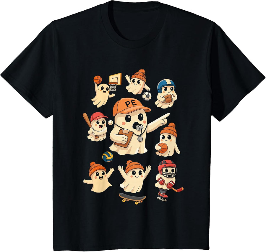 Halloween PE Teacher Ghost Playing Sports Physical Education T-Shirt - Black