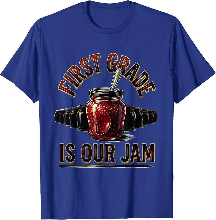 First Grade Is Our Jam Retro Strawberry Teacher Student Back T-Shirt - Royal Blue