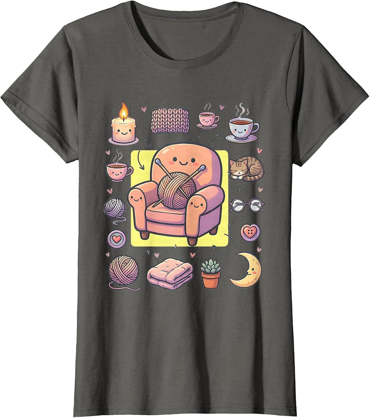Women's Cozy Grandma Knitting Candlelight Illustration T-Shirt - Asphalt Grey