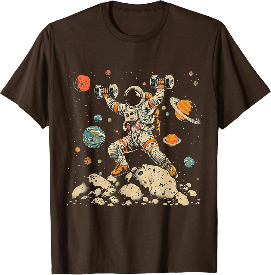 Funny Astronaut Space Weightlifting Fitness Gym Workout Men T-Shirt - Brown