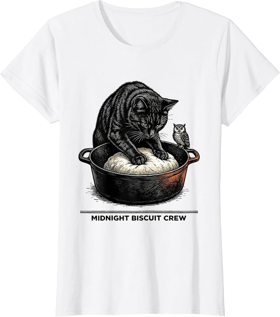 Women's Midnight Biscuit Crew Funny Cat Lover Baking Kitchen Humor T-Shirt - White