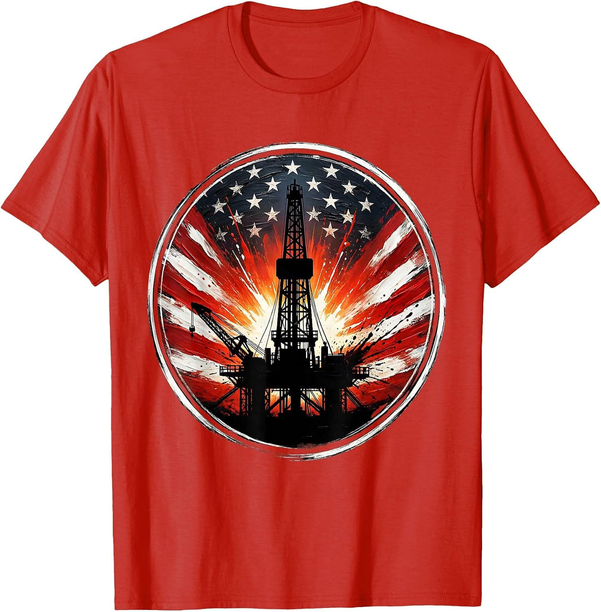 Men's Oil Rig Sunset Silhouette Graphic Design T-Shirt - Red