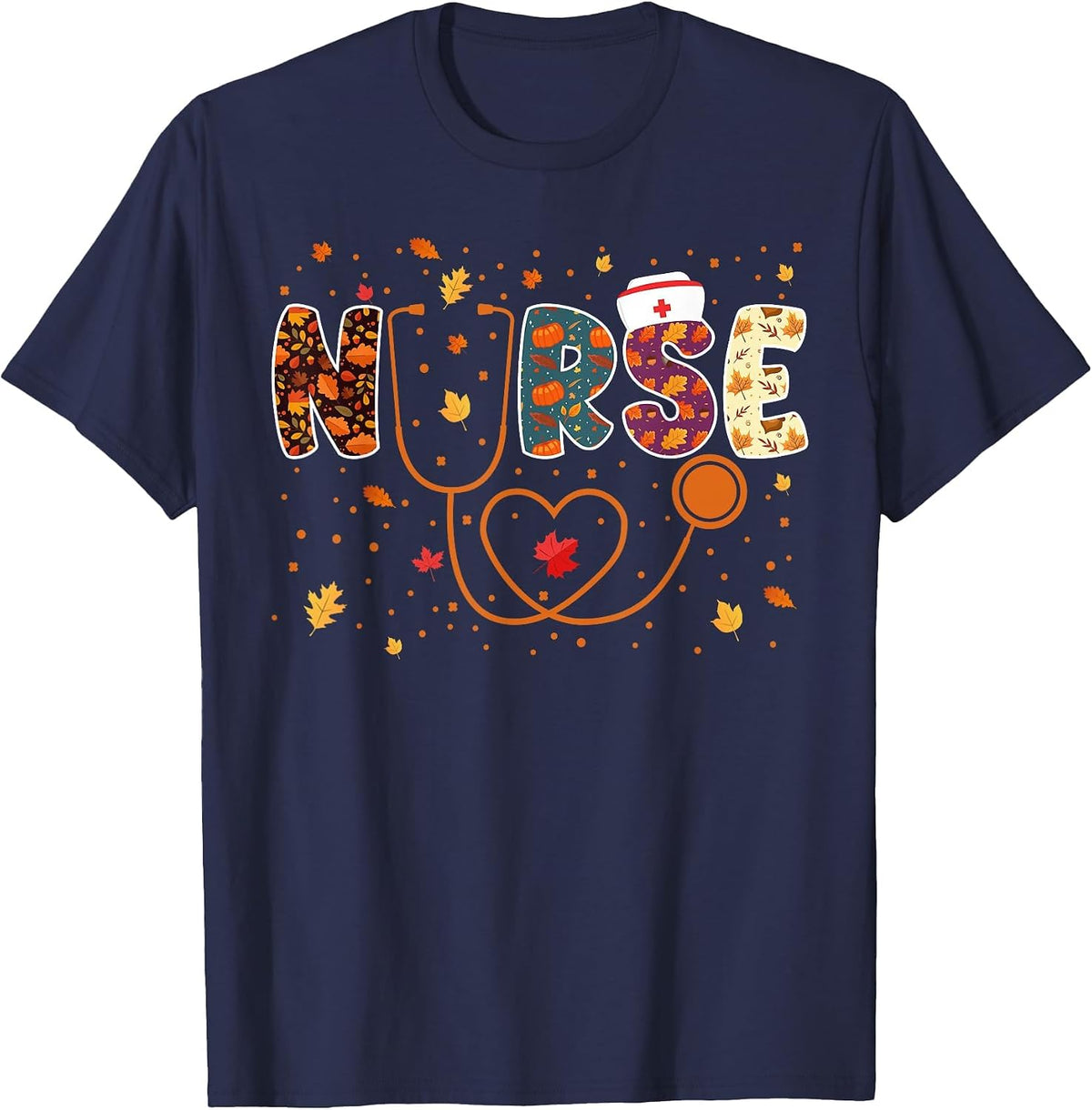 Nursing Thanksgiving Day Stethoscope Fall Nurse Costume T-Shirt - Navy Blue