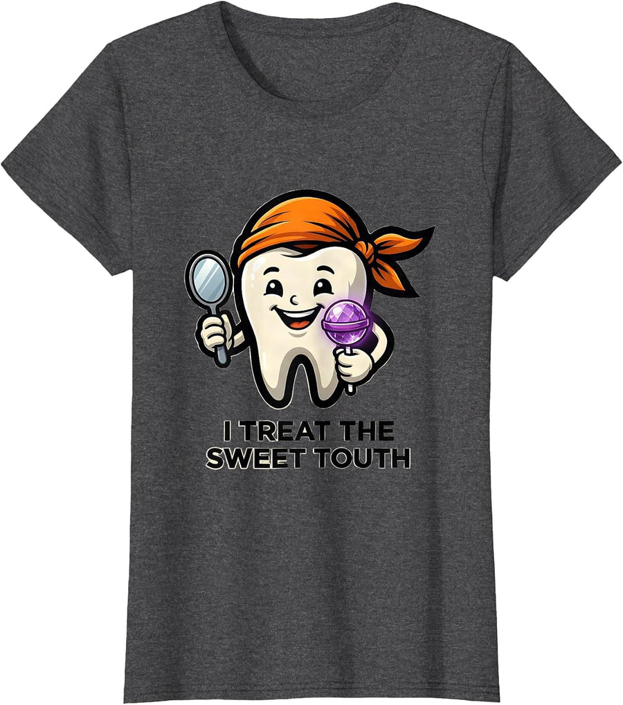 Women's I Treat The Sweet Tooth Funny Dentist Halloween Dental Pun T-Shirt - Dark Heather Grey
