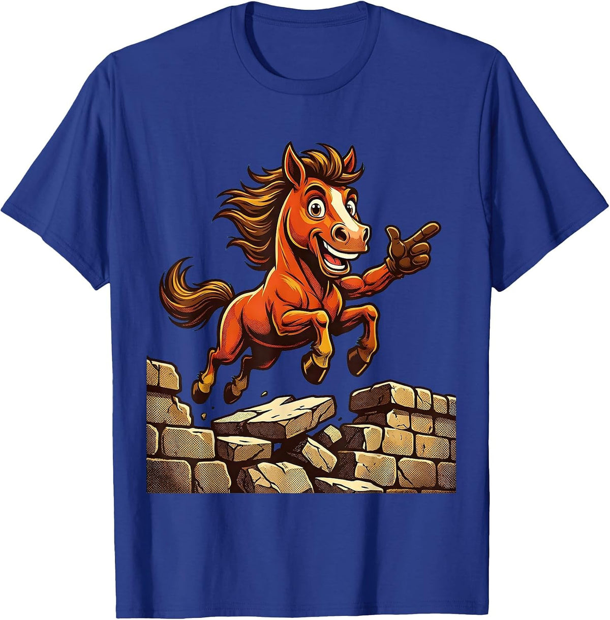 Horse Leaping Over Crumbling Stone Wall T-Shirt - Royal Blue