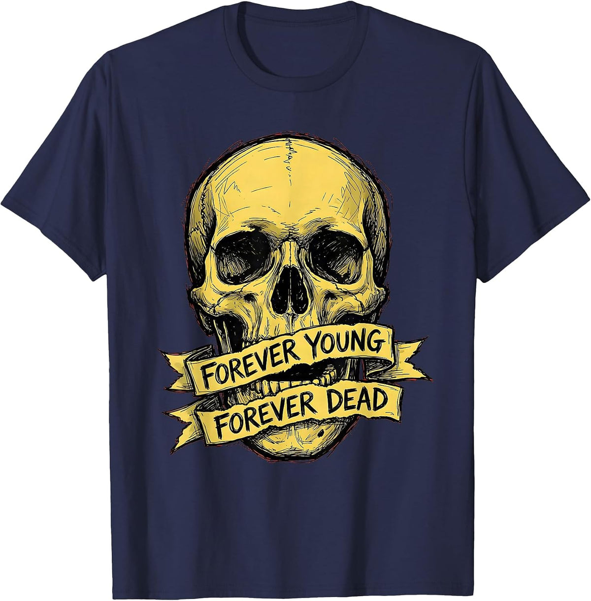 Forever Young Forever Dead Skull Graphic Design T-Shirt - Navy Blue